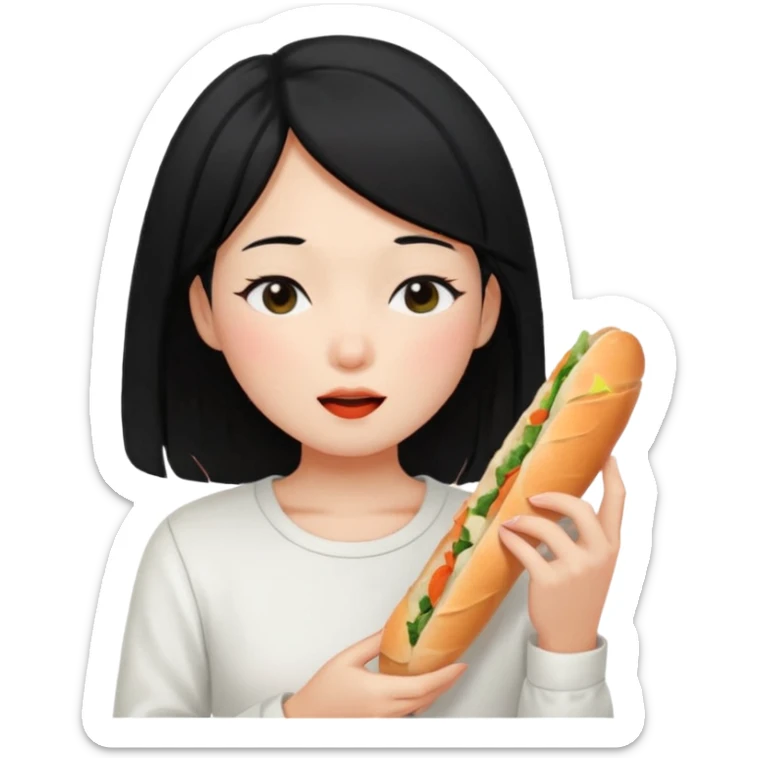 Girl black long hair eat kimchi close eyes baguette sticker