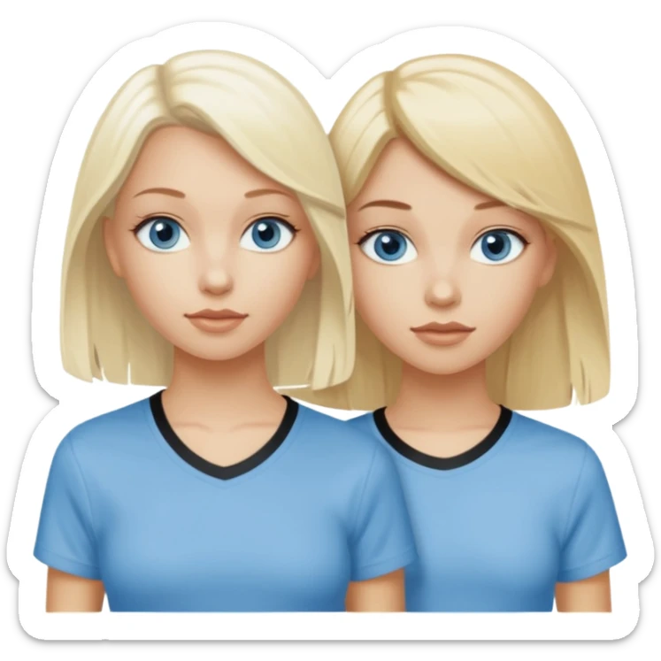 2 caucasian girls, one bleach blonde, then other a slightly darker shades of blonde. both grayish blue eyes. lighter blonde has a skater-y2k aesthetic and the dark blonde has a y2k-coquette aesthetic sticker