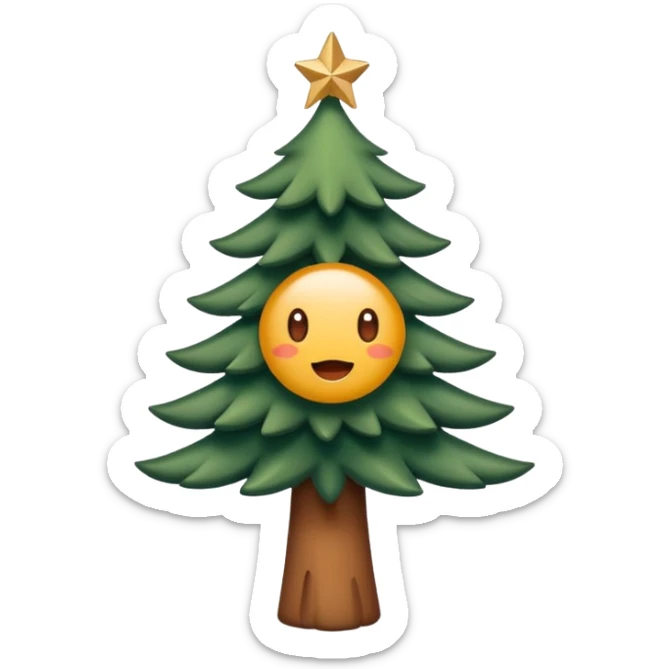 Un emoji représentant un petit sapin stylisé, sans bouche, avec deux grands yeux de biche brillants couleur cannelle. Style minimaliste, mignon et expressif, comme un sticker ou un emoji moderne. Fond parfaitement transparent, haute qualité, bien centré. sticker