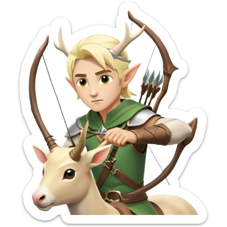 clash-of-clans-aesthetic-blond-male elf-archer-portrait-emoji, rendered in a flat, vector-style with minimal shading and bold holding his bow, simplified shapes, head tilted slightly forward with a determined, focused expression, riding a majestic white stag whose antlers glow with mystical energy, set against an ancient, enchanted forest backdrop. sticker