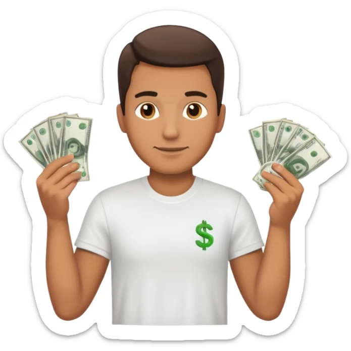 an American man with money in his hands wearing a T-shirt sticker