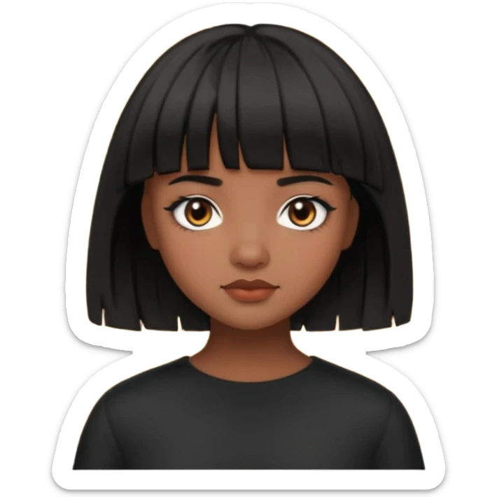 Girl that has a short black hime cut with curtain bangs, then dark brown eyes, and has a bit brown skin sticker