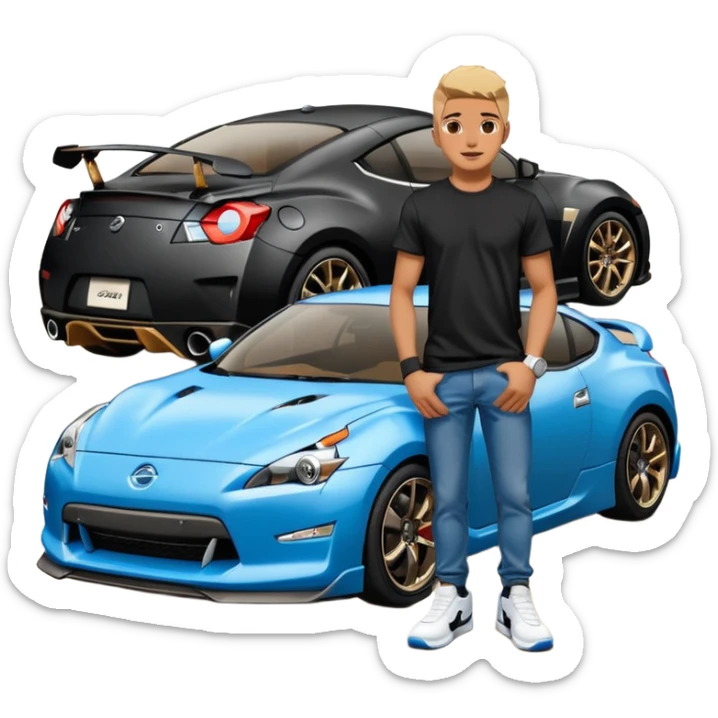 Grunge-style analog photo, London 2025, person inspired by the new reference image in model pose in front of a Nissan GT 86, black t-shirt, jeans, Nike Air Jordan low, using flash, analog grain, city night, 1/8. sticker