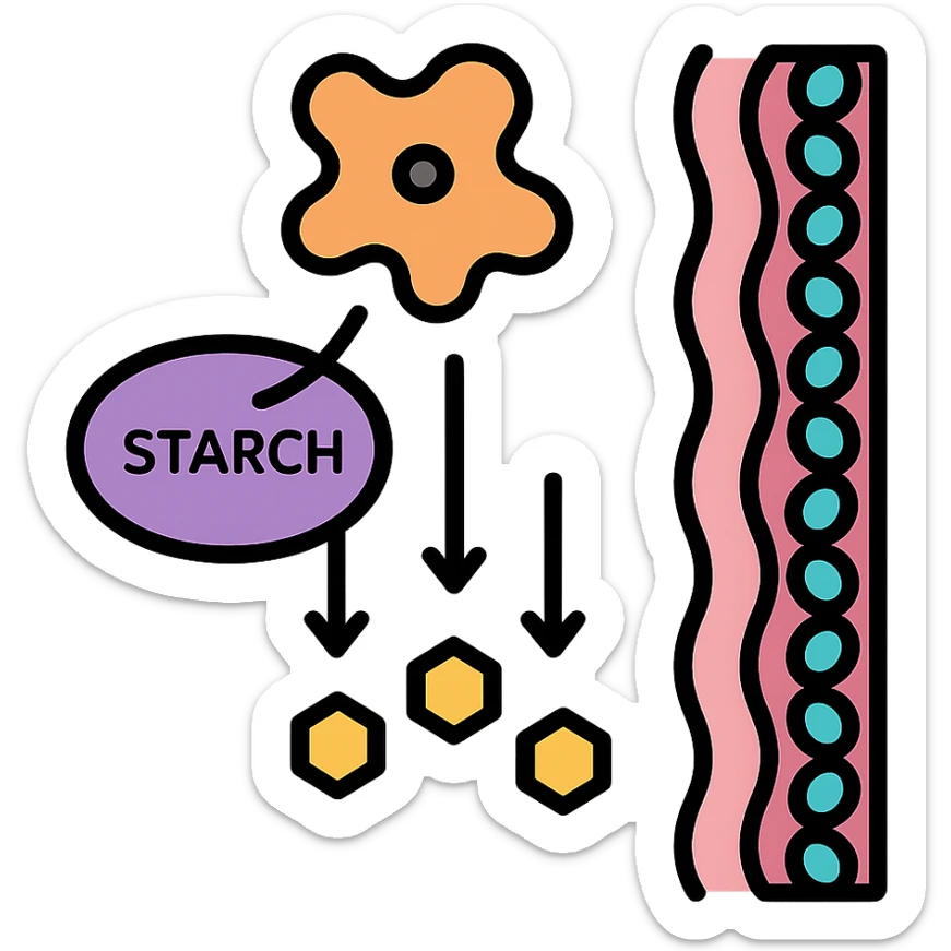 Ultra-detailed illustration of enzyme digestion: amylase breaking starch into sugars near a cell membrane. Clean white background, no text. Scientific but simple sticker