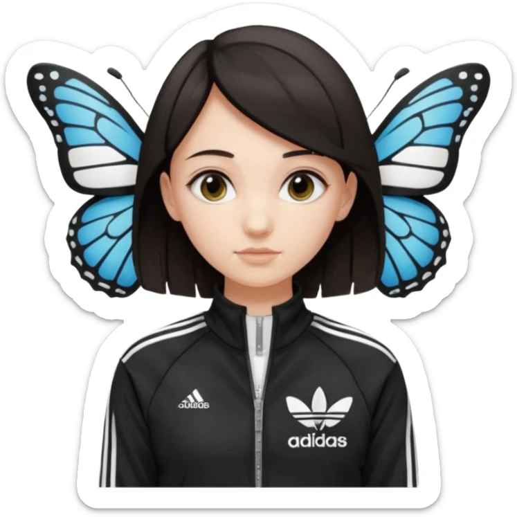 A girl with  medium length, dark hair, fair skin. The style is a butterfly  cut and wore black Adidas track jacket with white stripes on the sleeves. It has a full zipper down the front, a stand-up collar, and the Adidas logo on the right chest emoji sticker