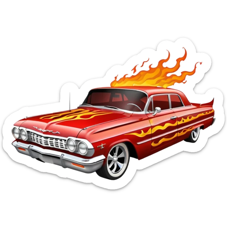 Satan’s streamlined Hot rod custom 1964 impala low rider four door themed painted hood flaming side-mounted under-door chrome exhaust pipes driving straight to hell  sticker