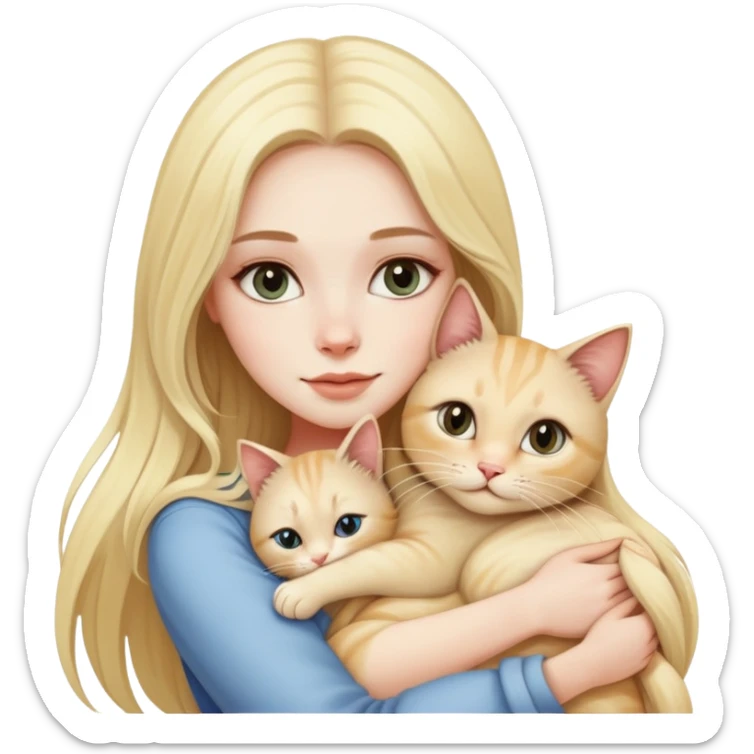 pretty woman with pale skin, very long blonde hair hugging a cat sticker