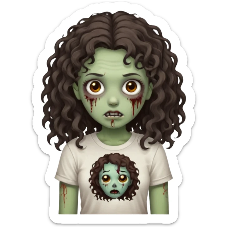 zombie girl with curly hair n brown eyes, dark and long hair 3a with wavy scalp, just a tshirt Ok but less curls and hair under te shoulder sticker