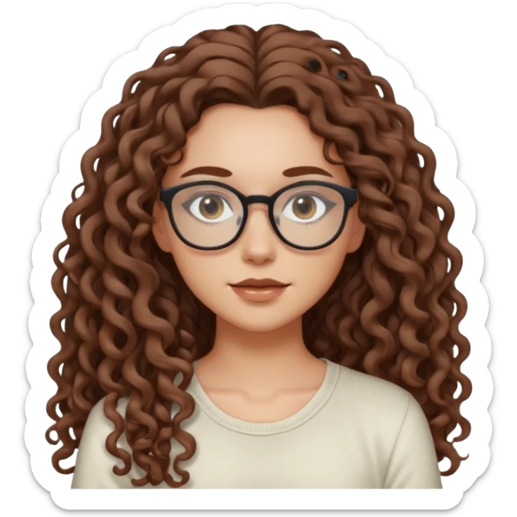 aesthetic white girl with cool coloured brown, very long curly hair, she wears an offwhite top and her eyes are black , and wears thin small glasses sticker