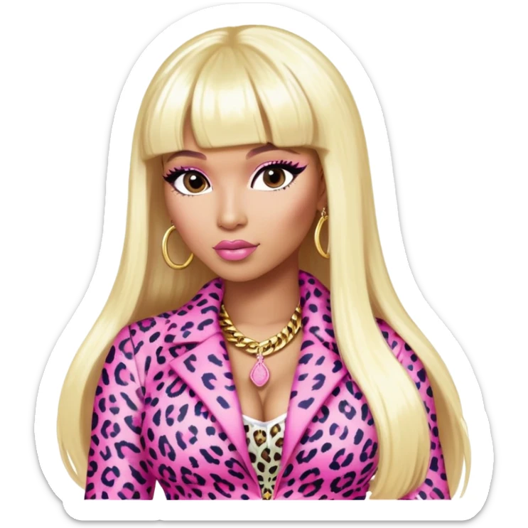 nicki minaj in super bass's music video with pink and white leopard print outfit, hair left side blonde and hair right side pink, similar with melanie martinez's hair with bangs) sticker