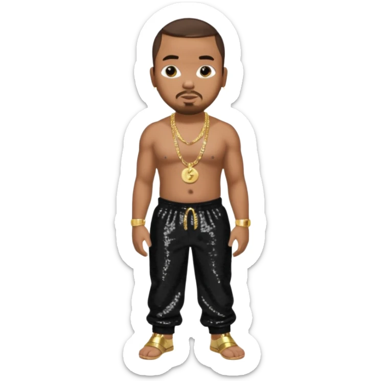 Timbaland with dark brown hair, black sequin baggy pants, shirtless with necklace sticker