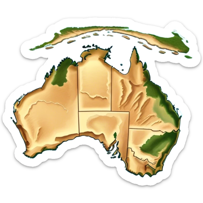 Outline and Landmass of Australia – map of Australia, featuring its distinct coastline and iconic landmass shape. The deep blue ocean surrounds the golden-brown continent, with subtle topographic details highlighting its vast deserts, lush forests, and rugged coastline. A soft glow accentuates the edges, making the shape unmistakable. sticker