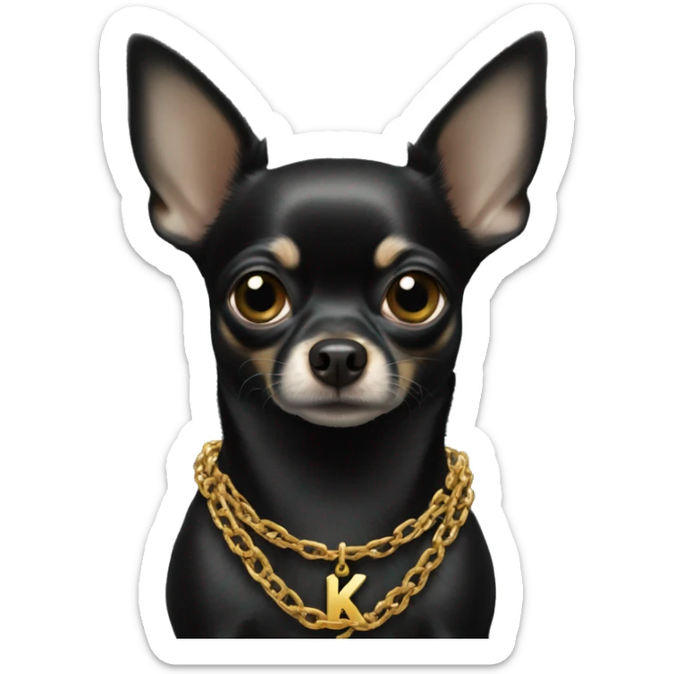 Full image of Black chihuahua wearing golden chain with letter k sticker