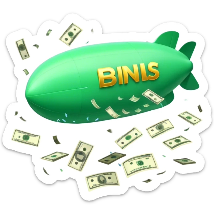 Create a cartoon-style blimp/airship with cash money bursting out from all sides. Money should be raining down dramatically from the blimp, with some bills floating through the air. The style should be vibrant and playful with a slight 3D effect. Include small details like dollar signs and ensure the imagery is clear even at small sizes. sticker