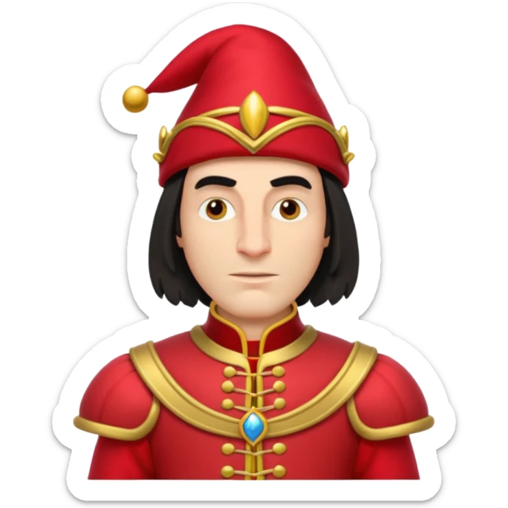 lord farquad avec un chapeau rouge plat sur le dessus, il a un vetement rouge avec des manches bouffantes rouge et dorée sticker