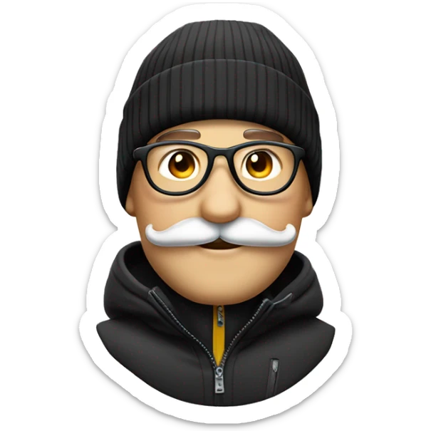 homme blanc sans cheveux avec un bonnet de ski de couleur noir des lunettes et une moustache  sticker