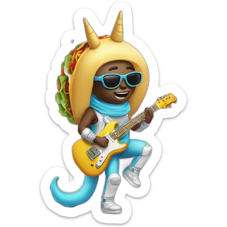 Imagine if a unicorn and a taco had a baby, and this baby decided to go on a space vacation wearing oversized sunglasses and playing a funky electric guitar sticker