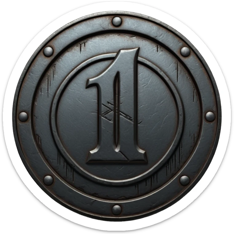Minimal emoji, gothic metal coin made of black steel, engraved number 1 at the center, ancient industrial aesthetic, worn metal texture, no glow, no neon, flat emoji design, centered, transparent background sticker