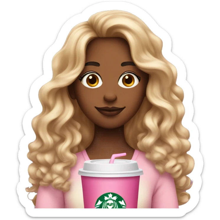 girl with brown and blonde ombré long curly hair holding Pink starbucks refresher sticker
