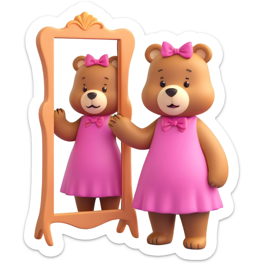 sweet bear in a pink dress and bow, admiring itself in a tall mirror, pastel room, 3D iOS emoji style, playful, rounded, and colorful sticker