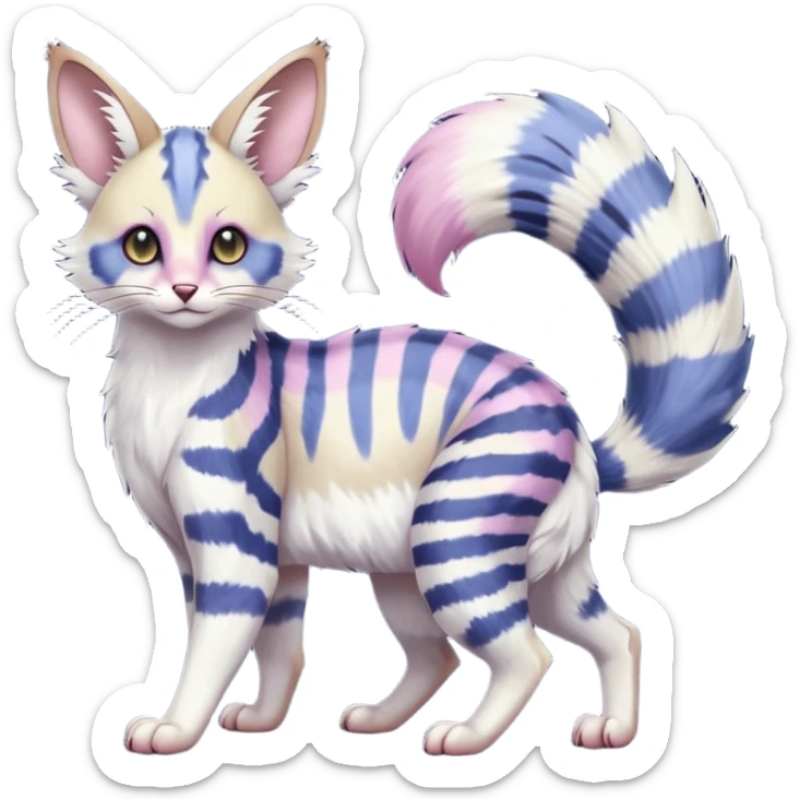  Realistic dull gloomy-dark-deep-grayish-indigo-violet-gradients albino fur with random colorful markings beautiful elegant pretty precious cute  Fakémon-Pokémon-opossum-feline-serval-caracal-chinchilla-Minccino-hybrid-creature with a big fluffy bushy striped tail (full body) sticker