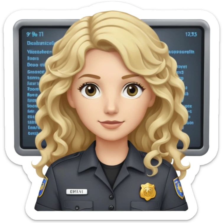 911 dispatcher dark gray uniform, long curly blonde hair, gray eyes sticker