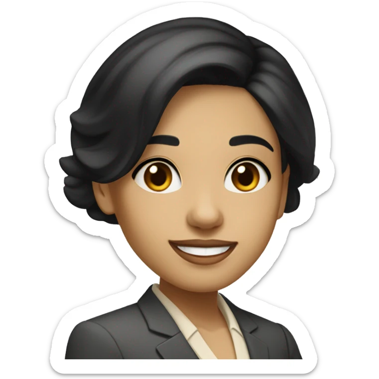 a girl with medium straight black hair, parted in the middle, slanted but not too slanted eyes, medium beige skin color smiling in a business outfit sticker