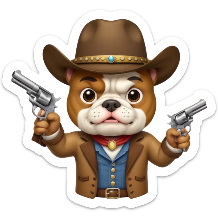 A bulldog wearing a cowboy hat pointing a revolver at you and telling you to hand over your money. sticker