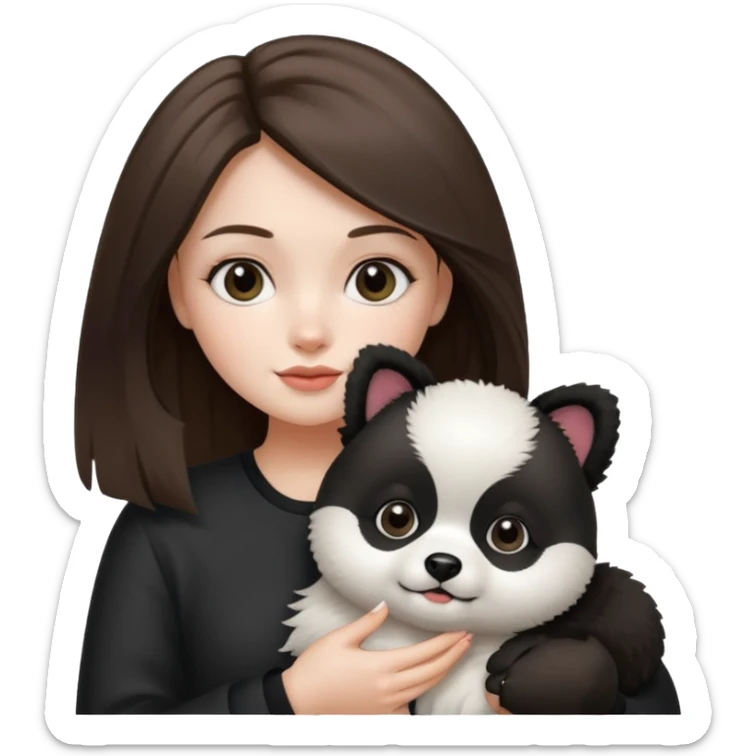 an brunette hair girl holding her white pomeranian dog that looks like a panda sticker