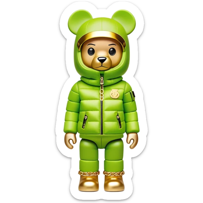 museum-quality bearbrick figure with perfect cubic proportions, lime green balaclava with seamless integrated golden visor lens, ultra-luxury designer down jacket with prominent branding and premium plush fur trim throughout, detailed gold chain accessories, fashion statement piece sticker