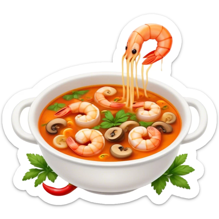 Cinematic Realistic Tom Yam Kung Soup Dish Emoji, showcasing a spicy, sour shrimp soup with herbs and mushrooms rendered with lifelike textures and bold, dynamic lighting. sticker