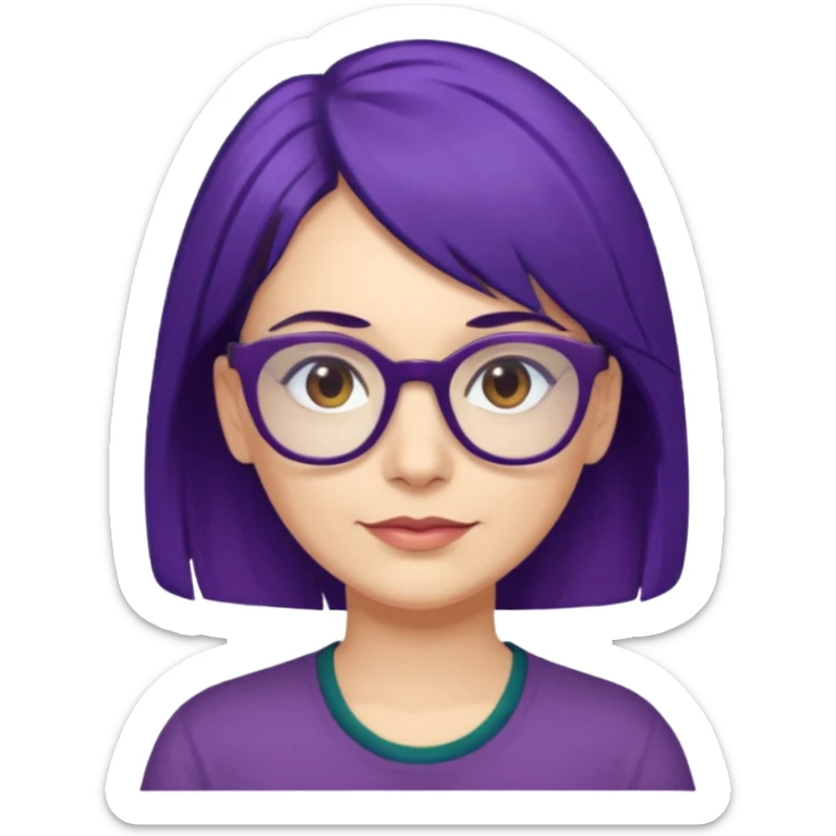 Cartoon 50-year-old youthful woman with purple glasses, brown eyes, and indigo hair to her shoulders in a dark green shirt. sticker