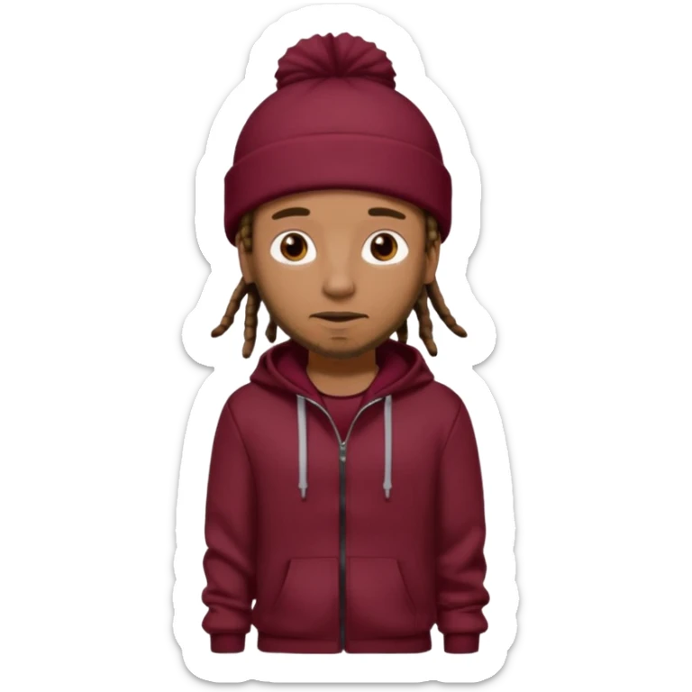 Animate a caramel skinned male with brown dreads and a tan colored  beanie. Wearing a burgundy tracksuit on with no beard  sticker