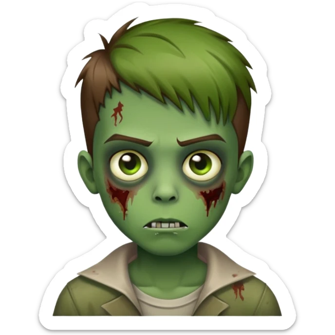 boy zombie with brown straight hair fade hair with green skin sticker