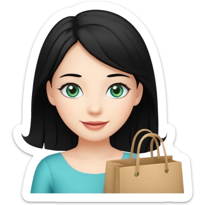 zadowlona czarnowłosa ksiezniczka z dlugimi wlosami i ma niebiesko zielone oczka jest zadowolona z zakupami sticker