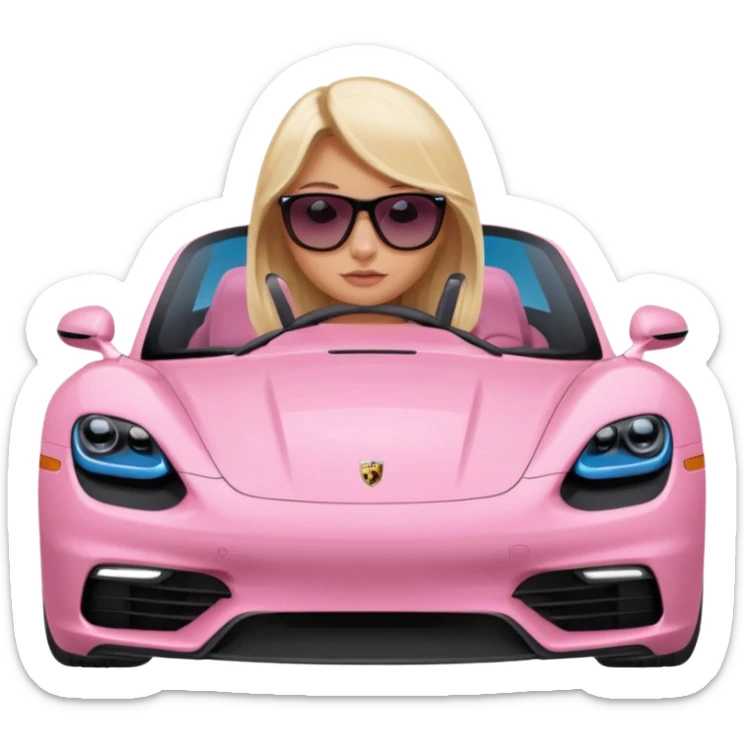 pink Porsche taycan with blonde girl, blue eyes, sitting in the car, front view point of view sticker