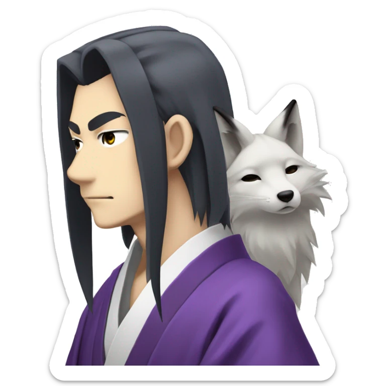 The Tomoe guy from "kamisama kiss" with long hair, white Fox ears, pointy chin, his purple kimono and serious face sticker