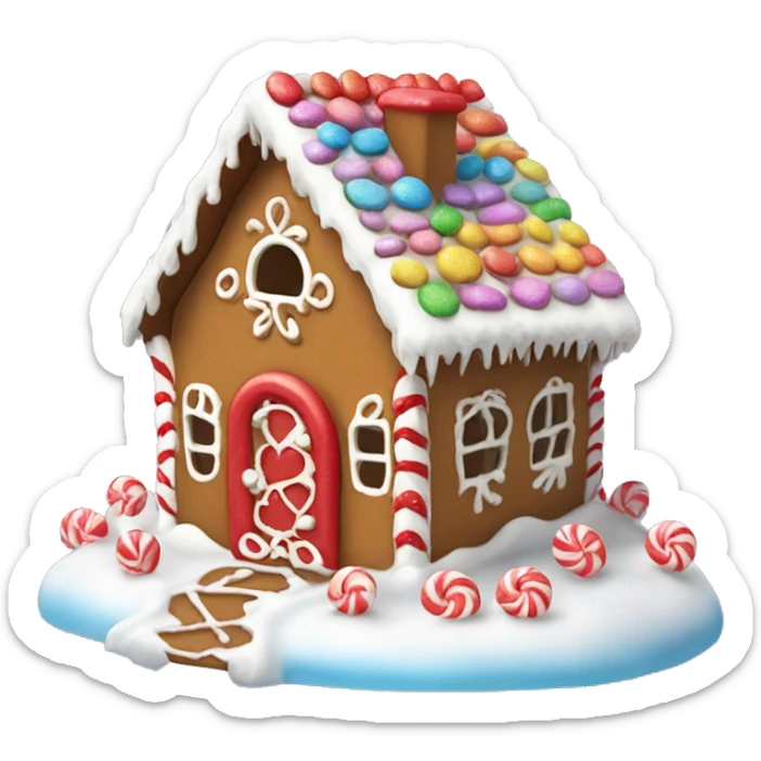 Mini gingerbread house with colorful candy decorations, a snowy white roof, and a little red heart on the door sticker