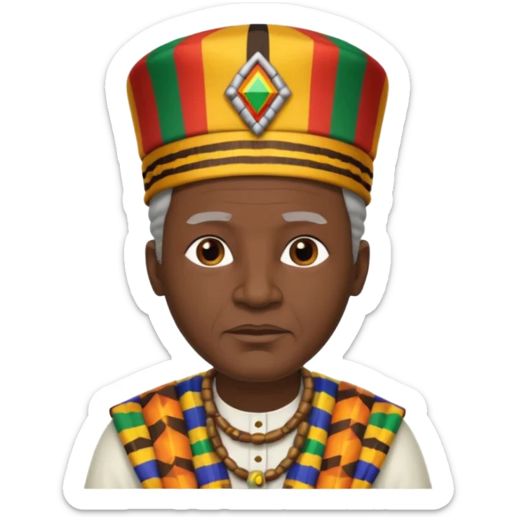 Create an emoji of an old African king wearing kente cloth, white shirt and kufi hat sticker
