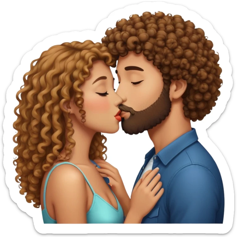 Curly haired girl kissing straight hair man with beard, romantic couple kiss sticker