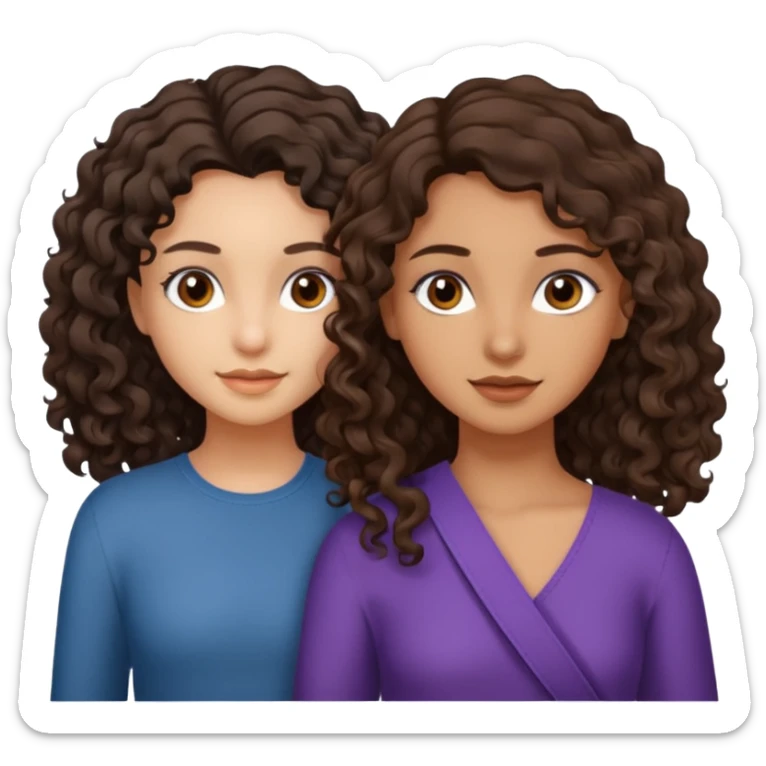 Two girls. One with shoulder length curly hair (dark brown hair and dark brown eyes, white skin) and the other with dark wavy hair below the shoulders and brown eyes. sticker