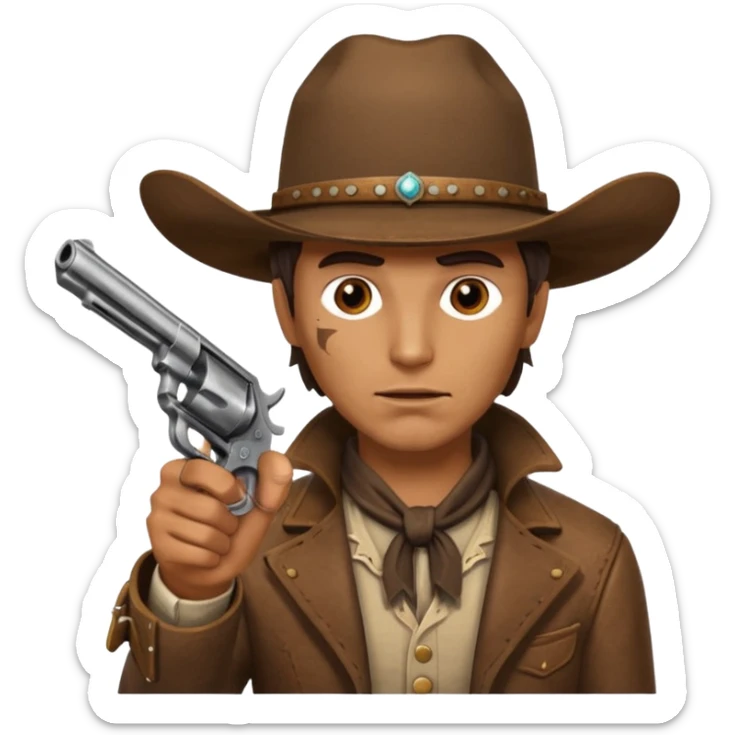 A cowboy pointing his revolver in your face  and saying, "Give me your money." sticker