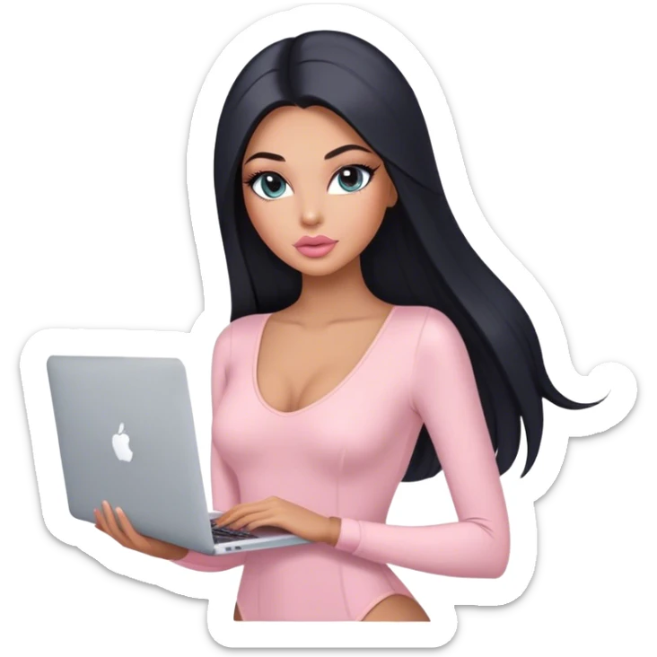Glamours, tanned, very beautiful girl, with big pump peach-beige-rose lips, long lashes, black straight smooth silky long hair, straight parting hair, blue-grey eyes, in light-pink bodysuit holding MacBook sticker