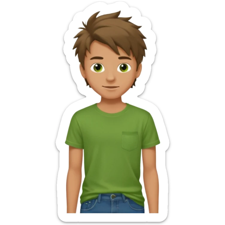 A 14 yerar old teenage boy, slightly tanned, wearing a green tshirt (no shirt pocket), blue jeans and green sneakers with brown tousled hair, smirking sticker