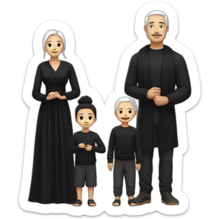 Daddy with white skin wear black shirt and his wife with same skin tone wear black long blaus and wear black shawl also his son wear black tshirt sticker