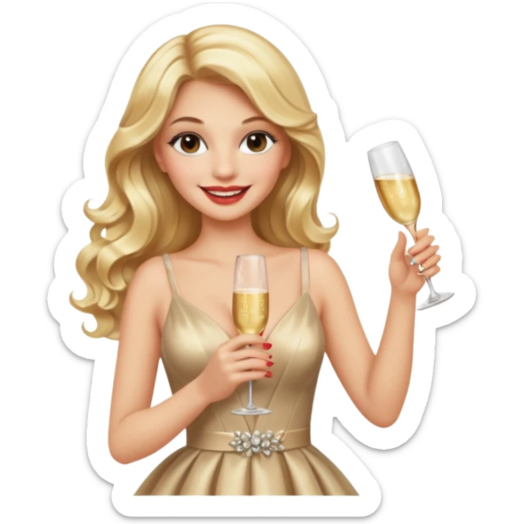 Glamorous blonde lady holding champagne bottle, long hair with makeup smiling  sticker