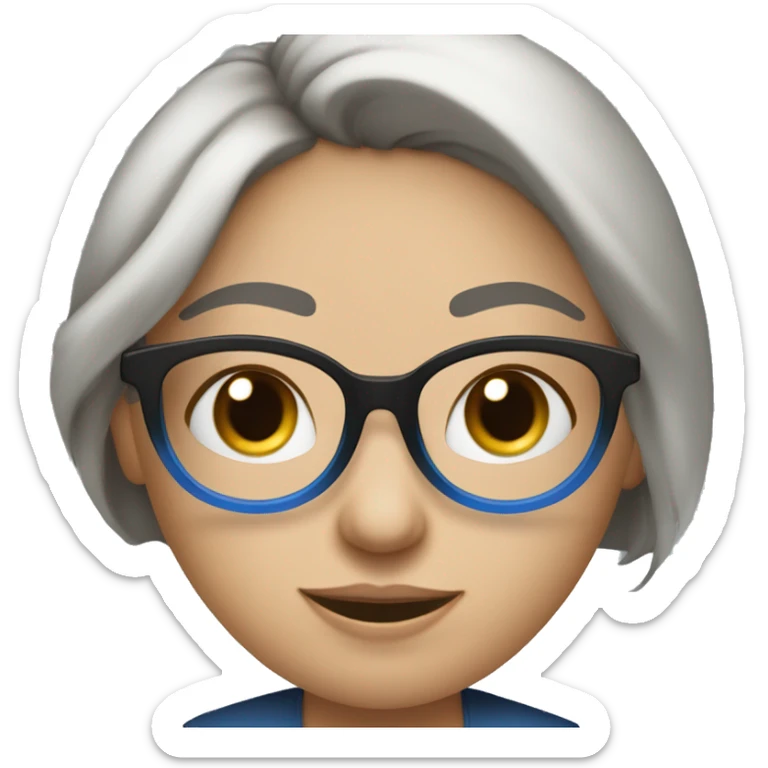 mujer de piel blanca con lentes,ojitos chinos,de color negro,pelo oscuro y recogido con una coleta,con blusa azul, sticker