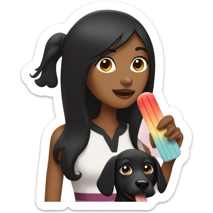 A woman with long straight black hair, brown eyes, holding a black dog and a ice popsicle in the other hand  sticker