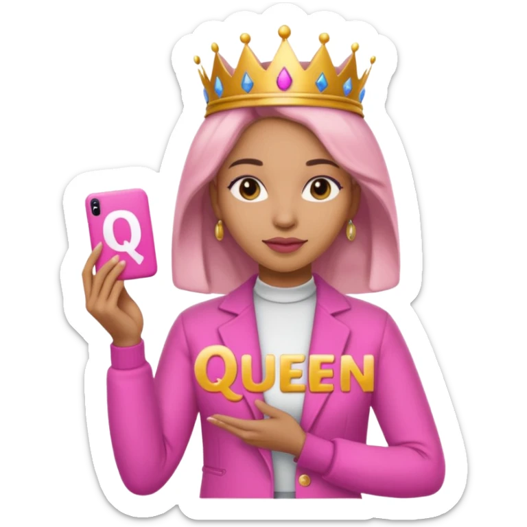 Crear una reina morena clara con ropa rosa sosteniendo la palabra Queen en sus manos sticker