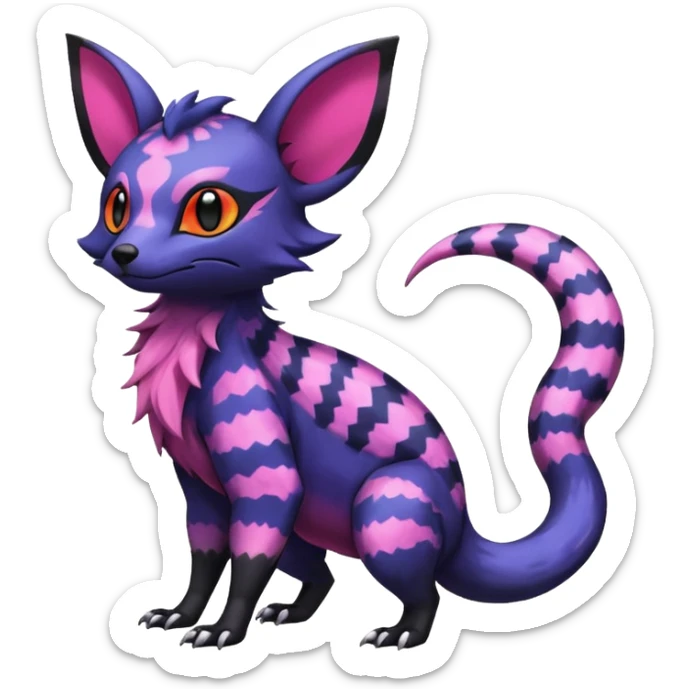 Rare epic aesthetic colorful Salandit-Noibat-Eevee-Civet-species-Fakemon-hybrid-creature, with markings, full body sticker